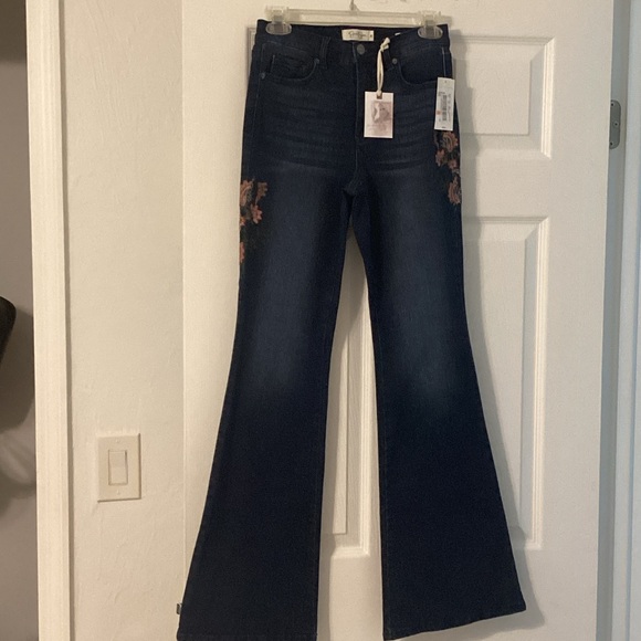 Jessica Simpson Midnight Flare Jeans with Floral Accents - Picture 1 of 8